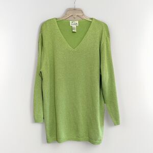 Vintage Quacker Factory V Neck Sweater Tunic Metallic Rhinestone Lime Green 1X
